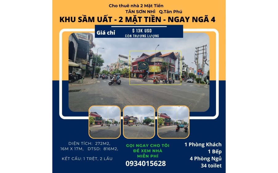 Cho thuê SIÊU PHẨM 2 Mặt Tiền Tân Sơn Nhì 272m2, 2Lầu - khu CỰC SẦM UẤT